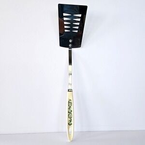 Retro Androck Spatula Stainless Steel White Floral Handle Slotted 14"‎ Vtg 1934